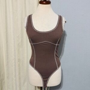 Mixed Threads Brown Y2K Ribbed Knit Basic Tank Bodysuit Women's Size M Bohemian